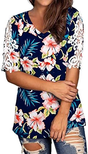 Weny Summer Tops for Women Beach, Womens Floral Print Lace V pescoço camisa de manga curta casual