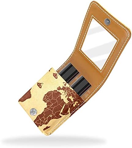 Caixa de batom com espelho mapa do mundo Brown Compass Lip Gloss Holder Portable Batom Storage Storage Travel Bag de maquiagem Mini Cosmético bolsa de cosméticos segura 3 batom