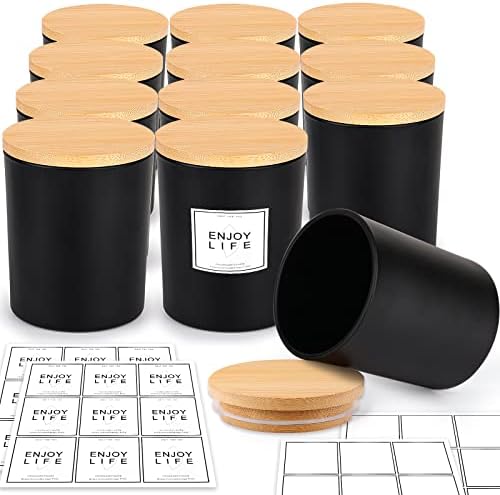 Gotideal 12 pacote de 9 onças Fosco preto frascos de vela com tampas de bambu para fazer suprimentos de velas,