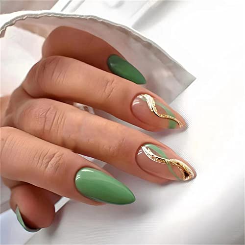 24pcs linhas de brilho verde unhas falsas capa completa amêndoa curta prenda em unhas com cola para mulheres e meninas unhas art manicure decoração